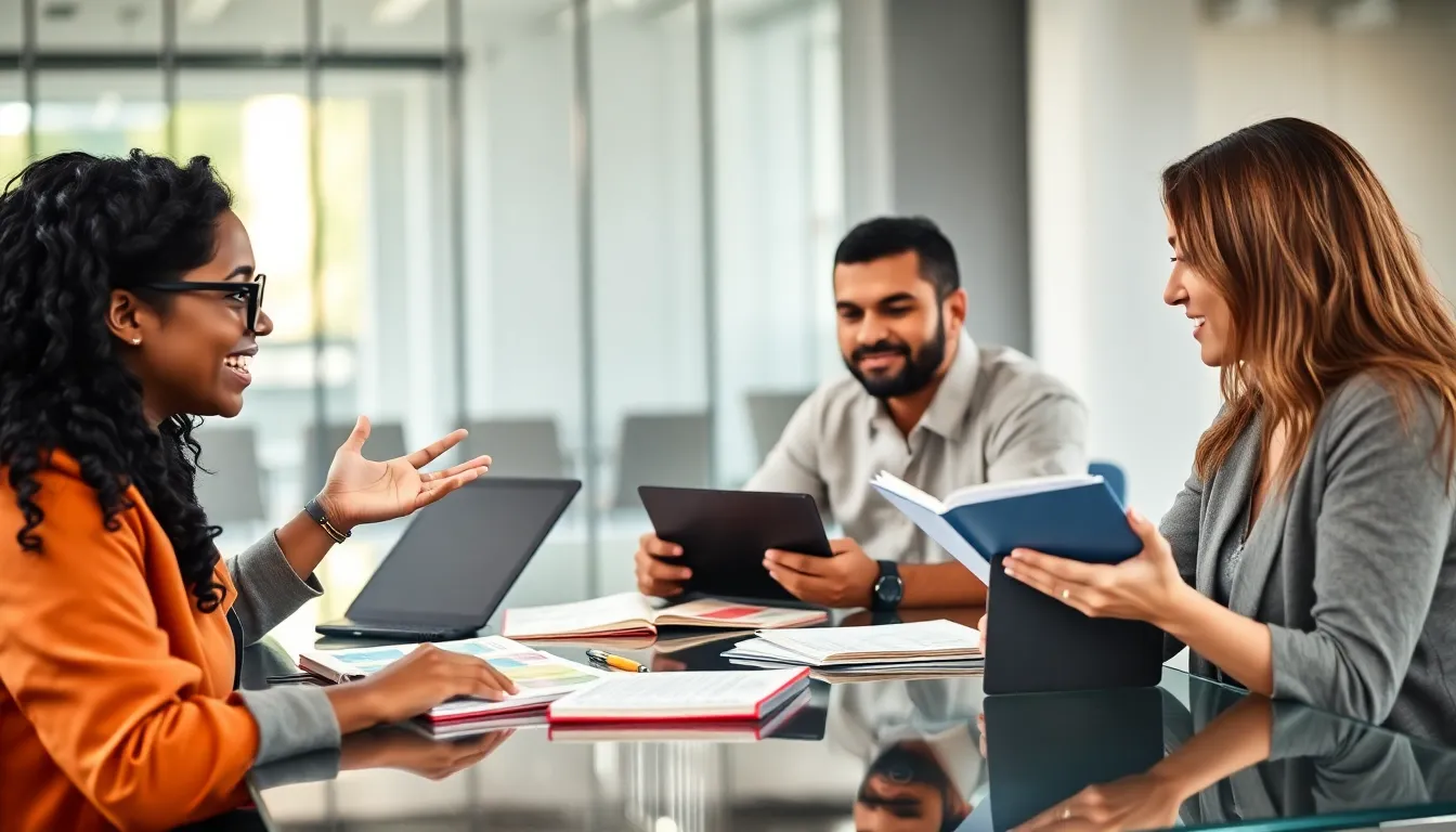 diverse team discussing poetry in a modern office setting.