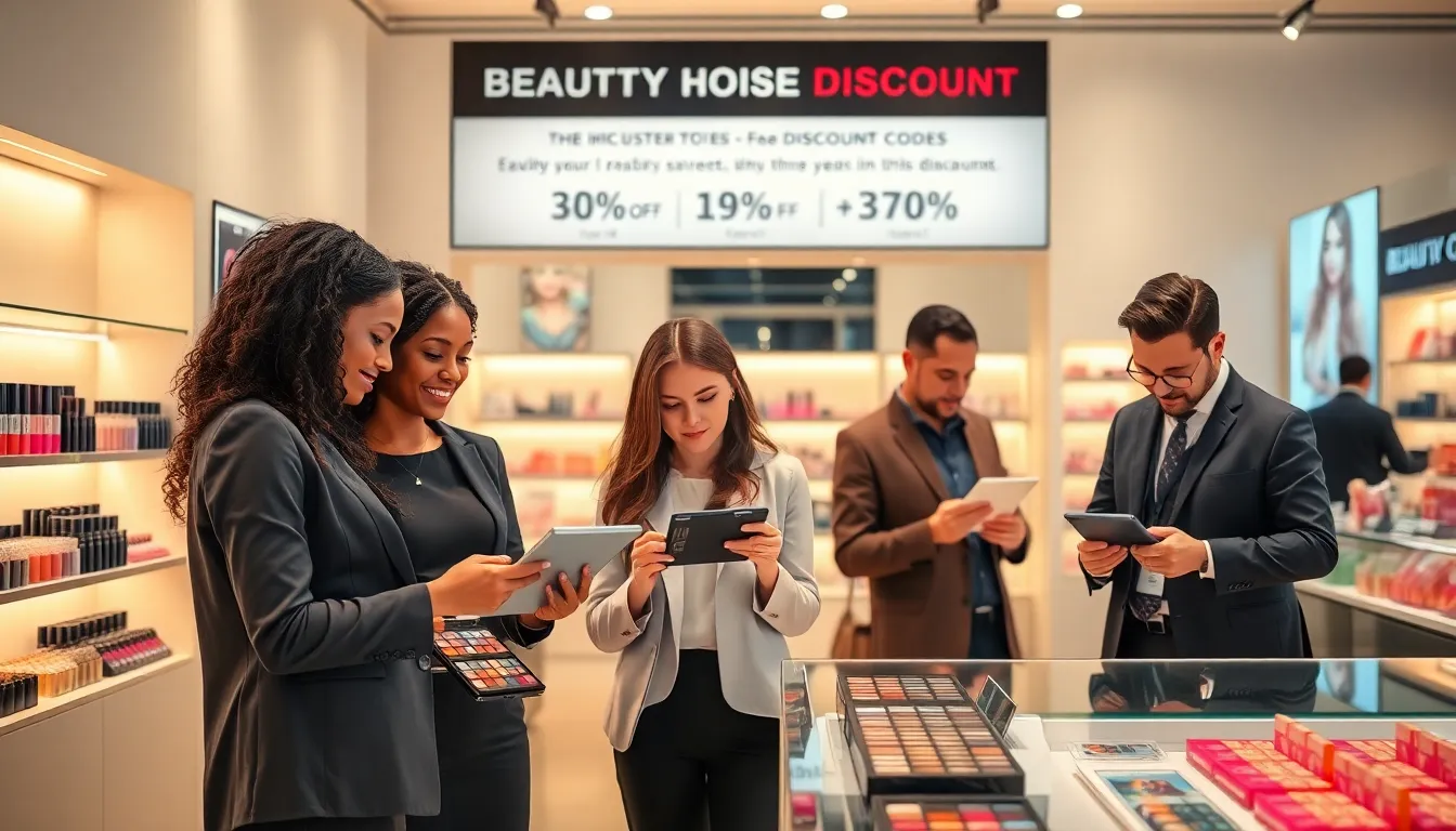 diverse group exploring beauty products in a modern retail setting.