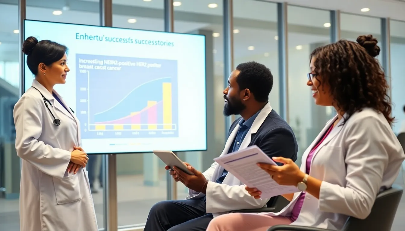 diverse oncologists discussing Enhertu’s success in treating breast cancer.