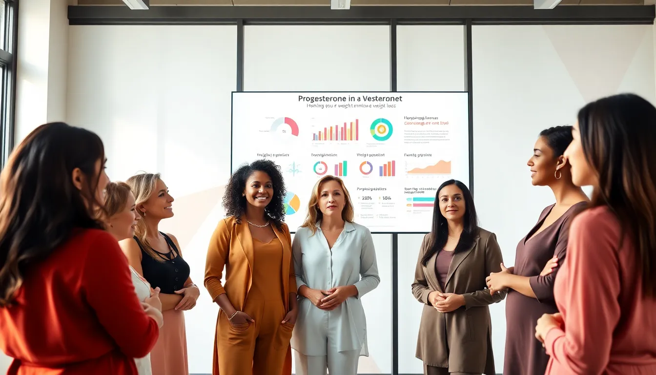 group discussing progesterone's role in weight management in a modern office.