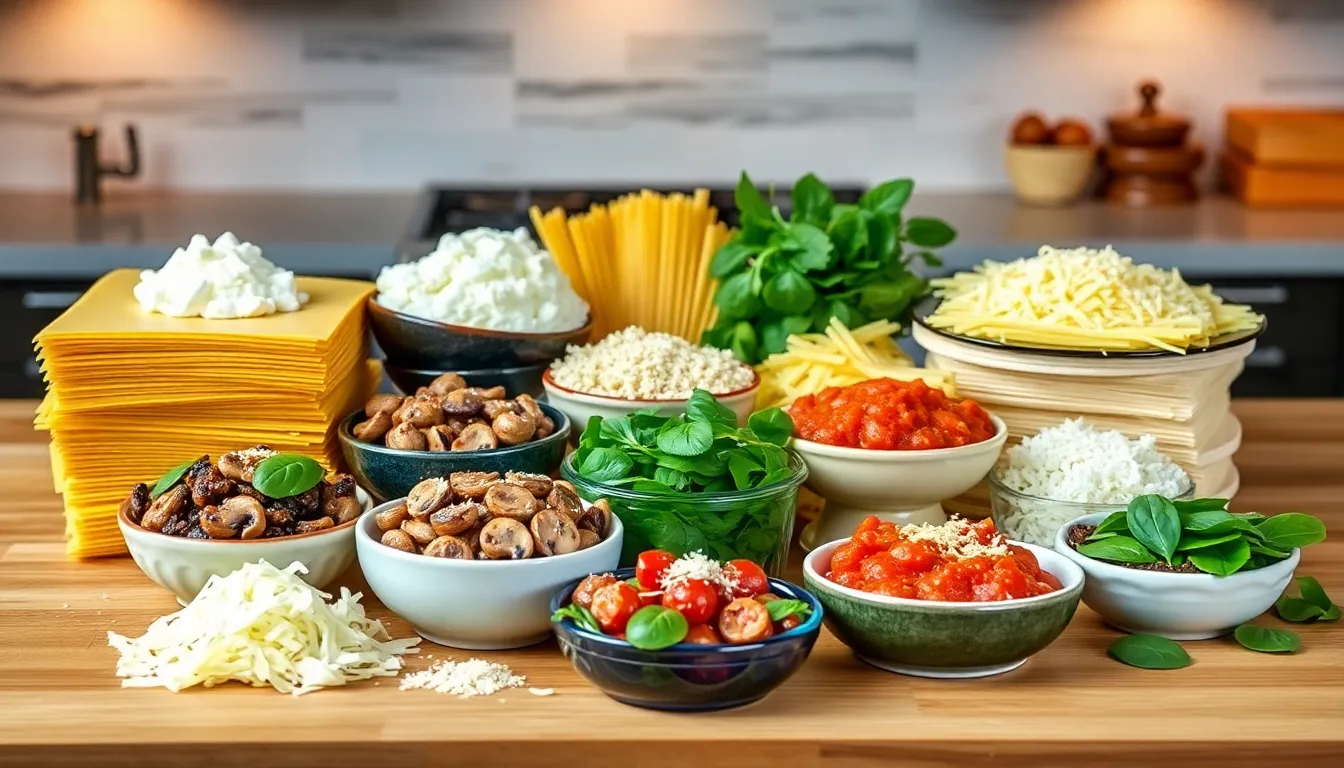 Ingredients for American Beauty lasagna on a wooden kitchen countertop.