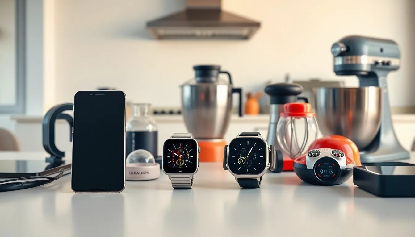 collection of modern gadgets on a minimalist desk.