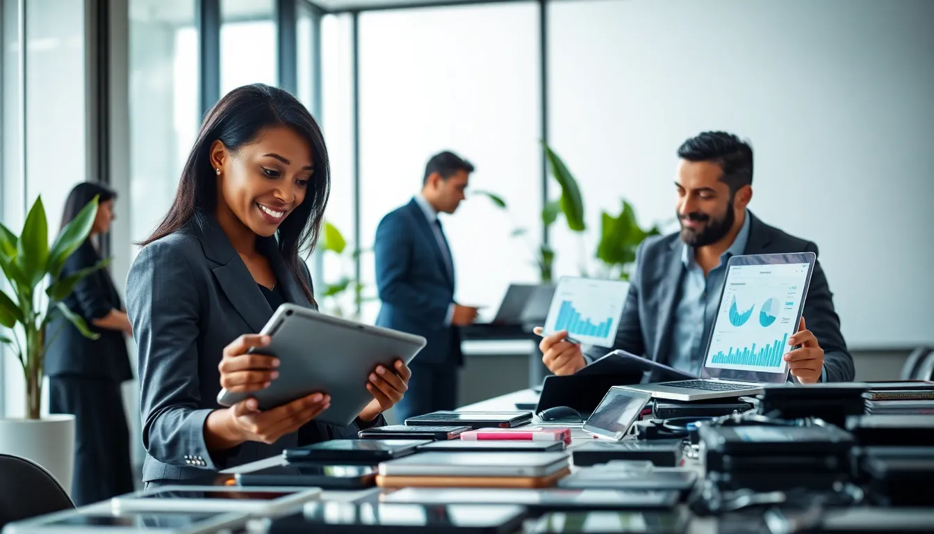 diverse team salvaging gadgets in a modern office.