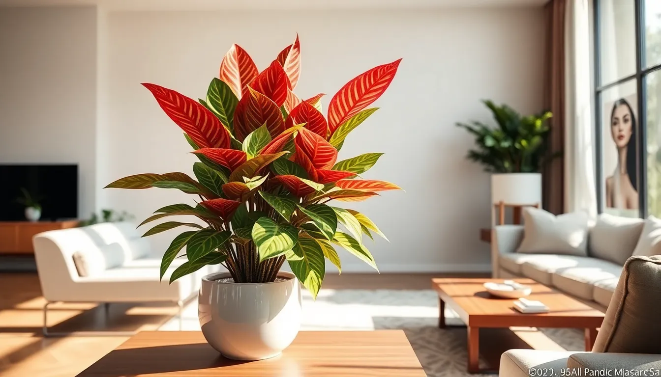 vibrant Aglaonema plant in a modern living room setting.