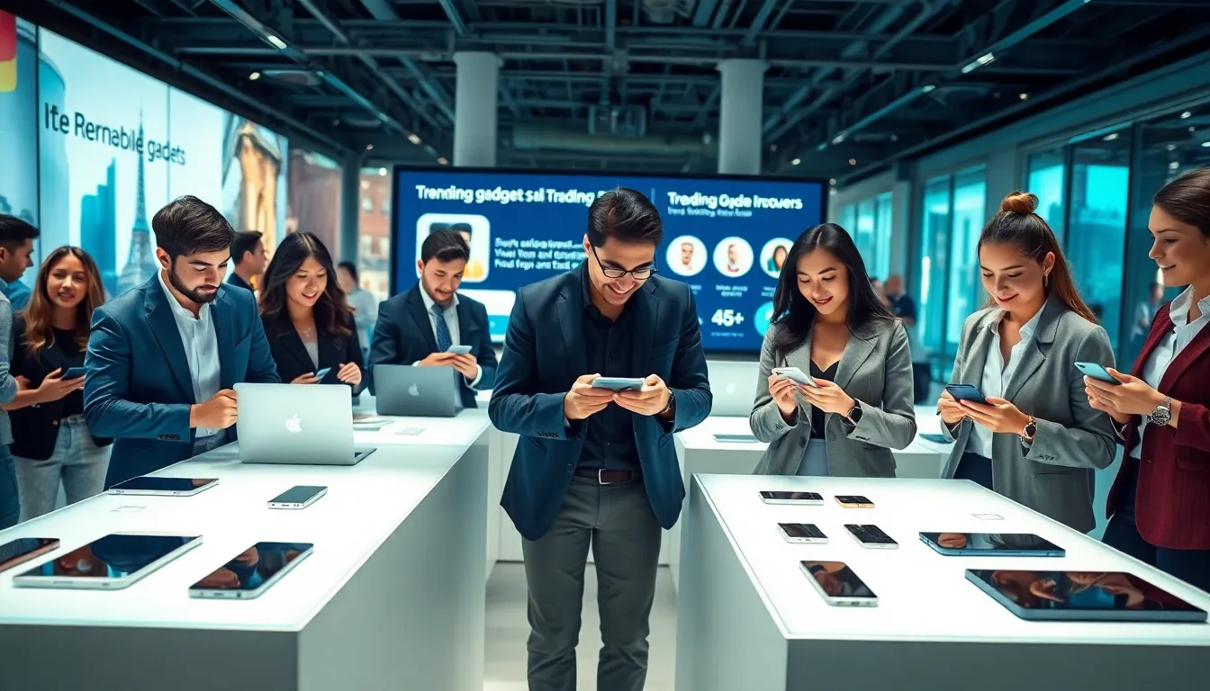diverse group trading gadgets in a modern tech marketplace.